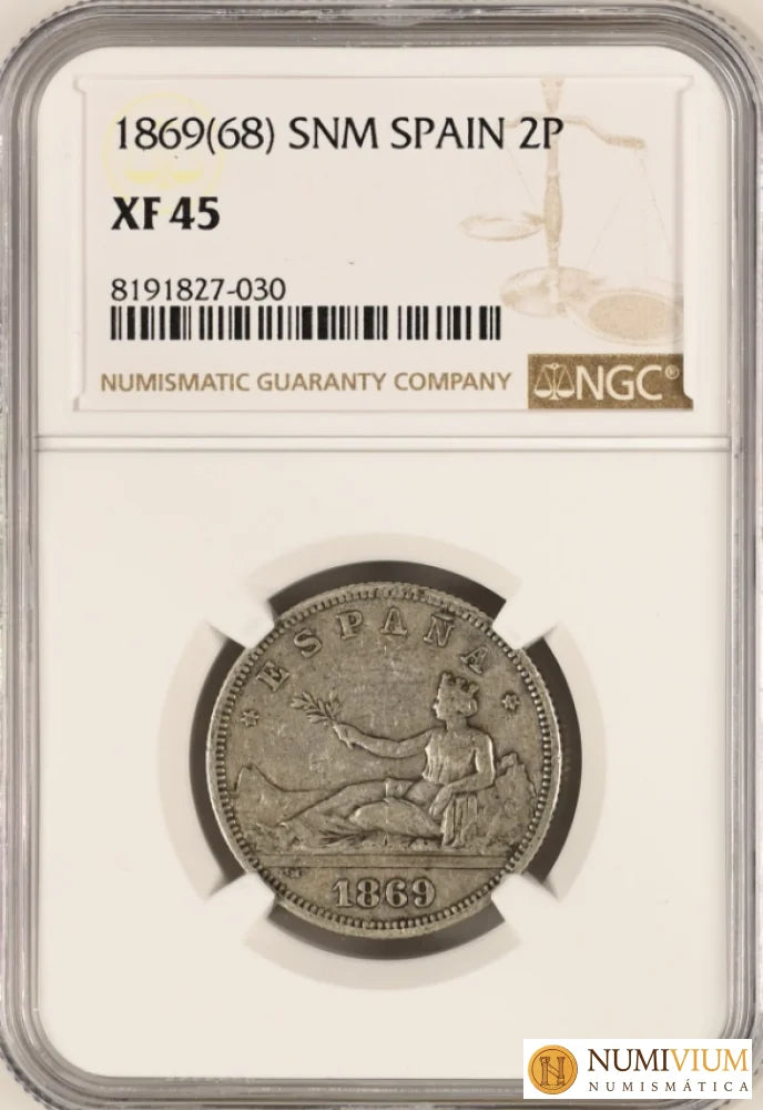 2 Pesetas 1869 (Estrellas 18-68). SNM. Encapsulada como XF45 (EBC) Peseta