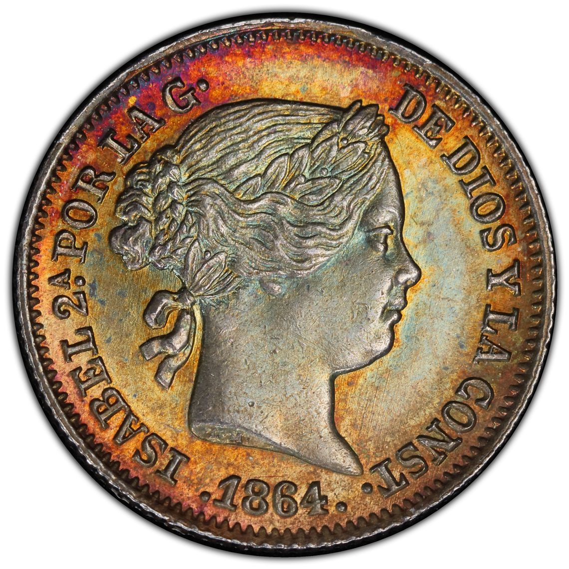 Isabel II. 1 Real de 1864 Sevilla. Encapsulado M64. Sin Circular. Pop Top Preciosa pátina.