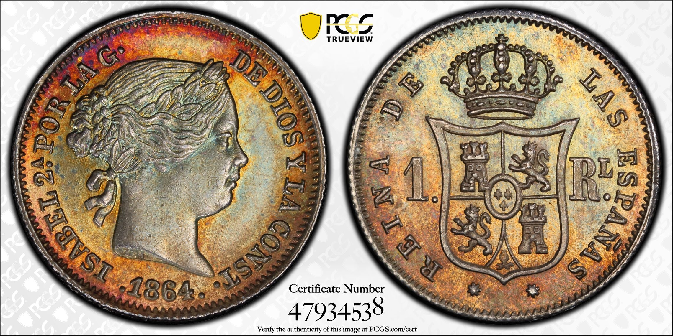 Isabel II. 1 Real de 1864 Sevilla. Encapsulado M64. Sin Circular. Pop Top Preciosa pátina.