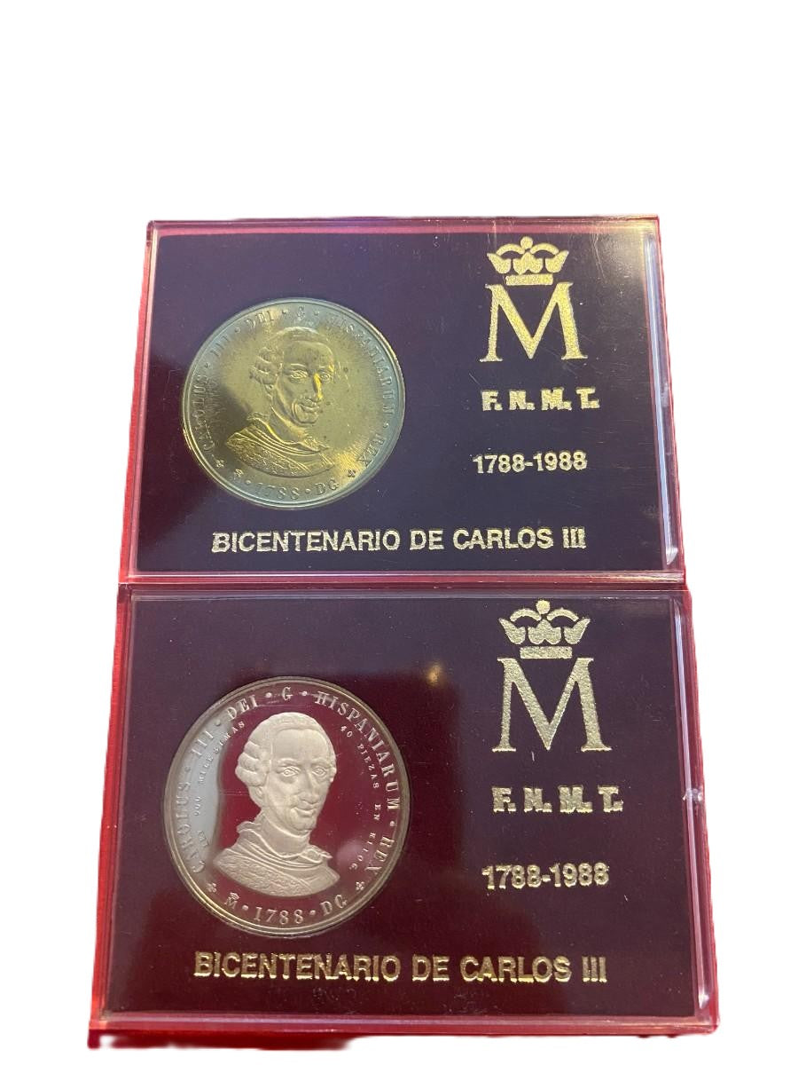 FNMT. SET DE 2 MEDALLAS CONMEMORATIVAS DEL BICENTENARIO DE CARLOS III, ACUÑADAS POR LA F.N.M.T. . 1.988