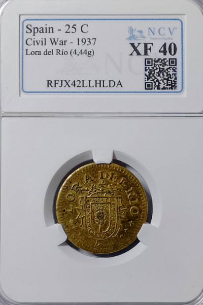 Lora del Río (Sevilla). Bando nacional. 25 céntimos. Muy rara. Bella. Encapsulada.