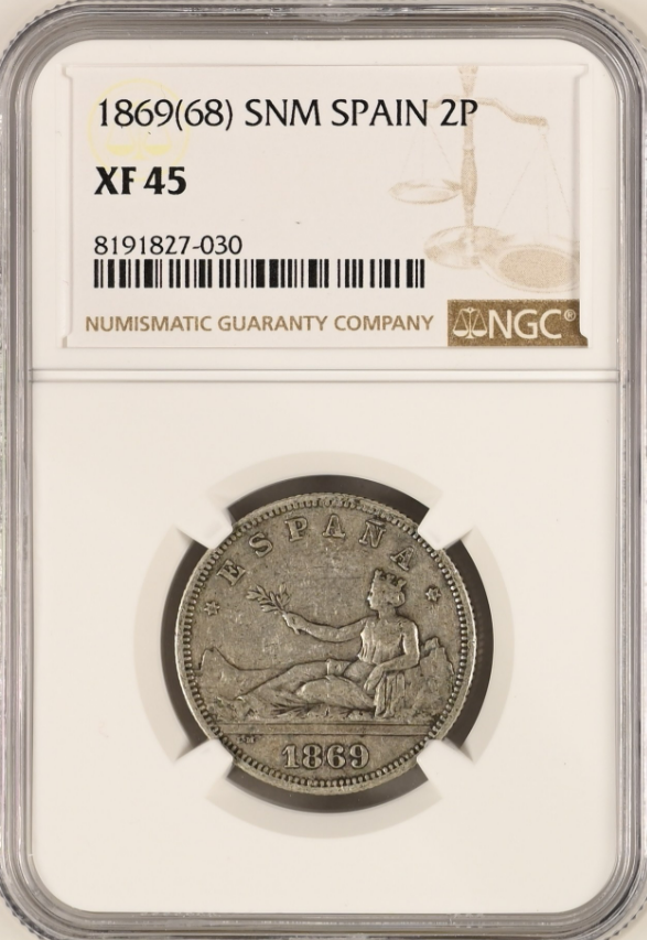 2 Pesetas 1869 (Estrellas 18-68). SNM. Encapsulada como XF45 (EBC)