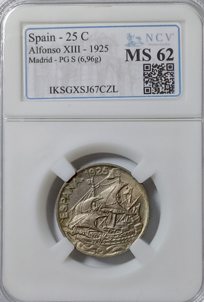 Alfonso XIII. 1925. 25 Céntimos. Sin Circular. Brillo original. Escasa así. MS-62