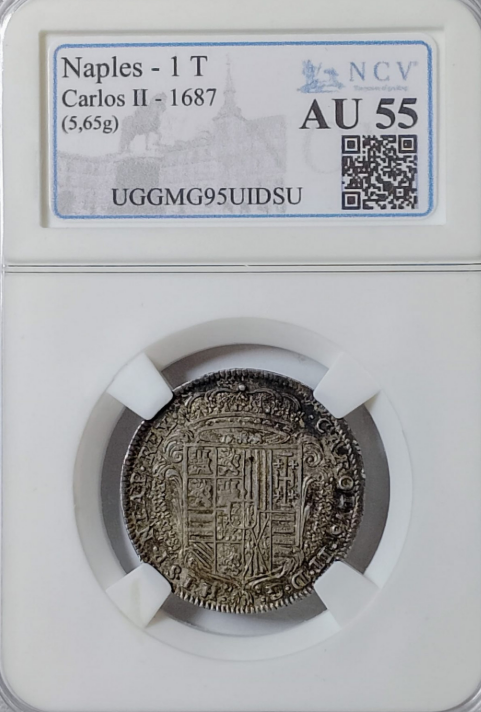 CARLOS II (1665-1700). Tari.  1687. Nápoles. EBC/EBC+. AU-55 Preciosa pátina.