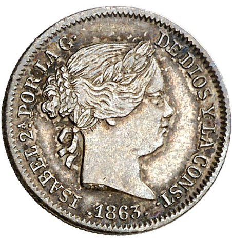 Isabella II. 1 real. Seville. 1863 (AC. 336). 1.33 g. EF-. From the Flemming Collection.