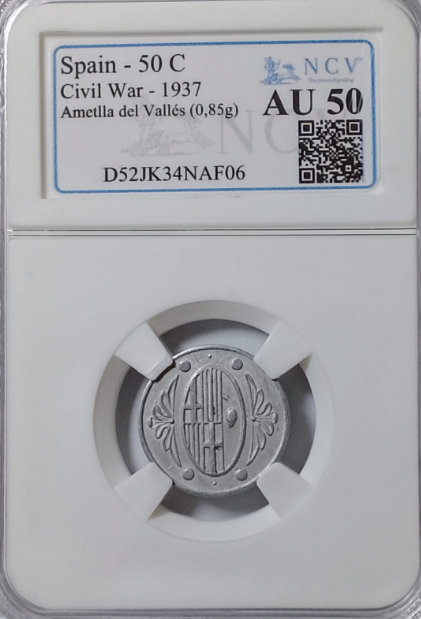 L'Ametlla del Vallés. 50 céntimos. Con leyenda. Sin circular. Encapsulada AU50.