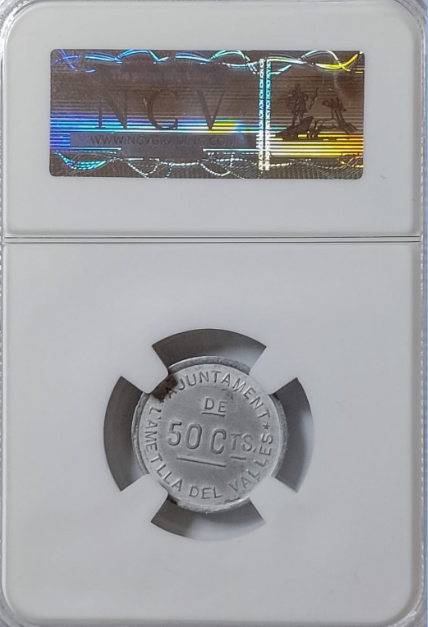 L'Ametlla del Vallés. 50 céntimos. Con leyenda. Sin circular. Encapsulada AU50.