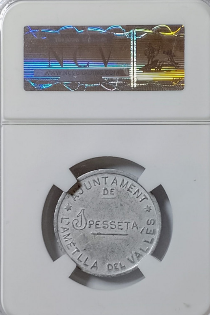 L'Ametlla del Vallés (Barcelona). 1 Peseta. Con leyenda. Muy rara. Encapsulada AU-50