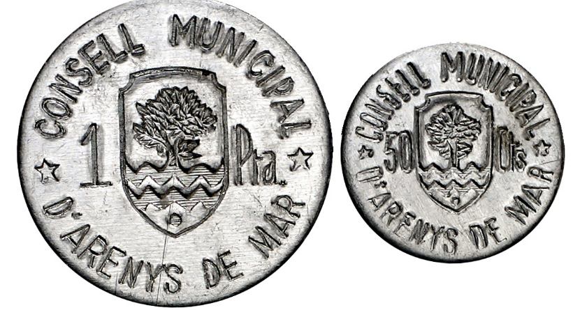 Arenys de Mar. Colección completa. 1 Pta y 50 cts. Raras. Encapsuladas. AU