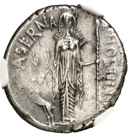 GENS HOSTILIA. Denario. Aprox. 48 a.C. Encapsulada como XF 40. MBC+