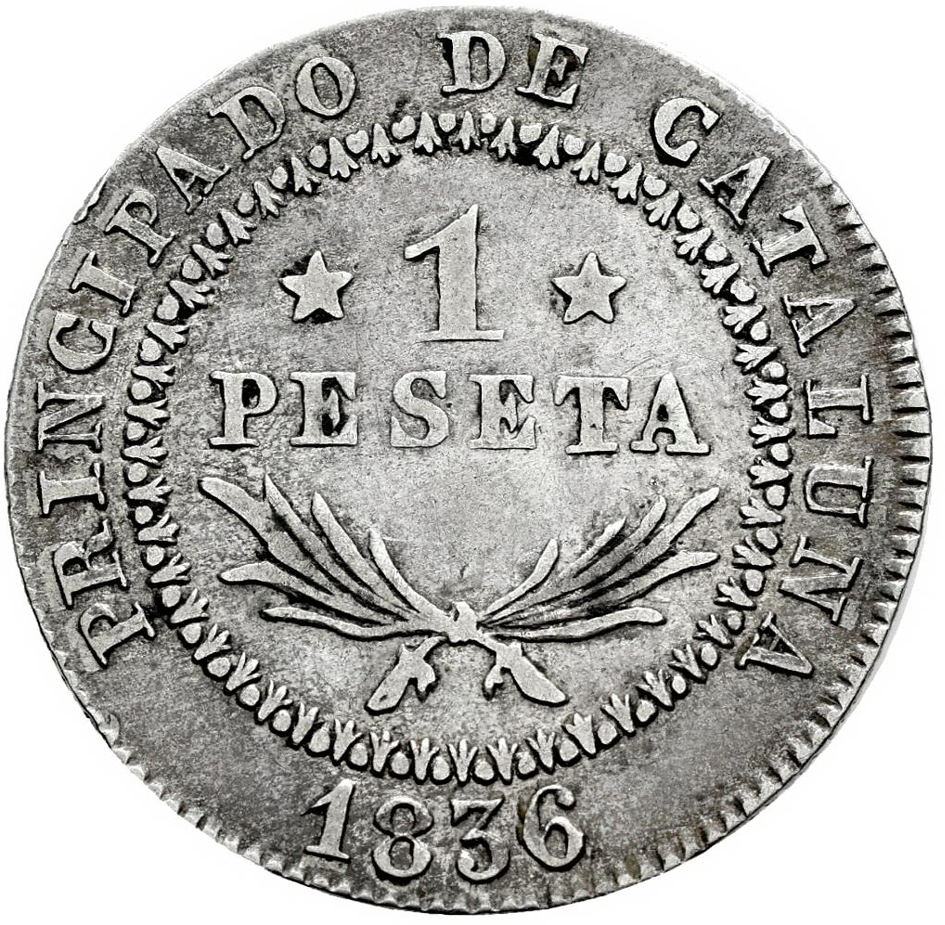 Isabel II (1833-1868). 1 peseta. 1836. Barcelona. PS. Escasa MBC+