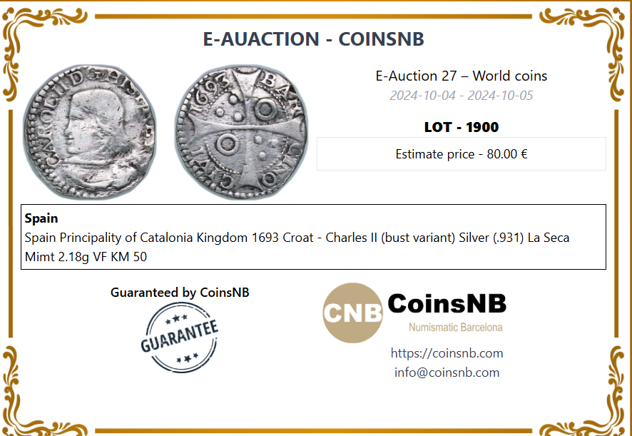 Carlos II. 1 Croat. Barcelona. 1693. Variante de busto