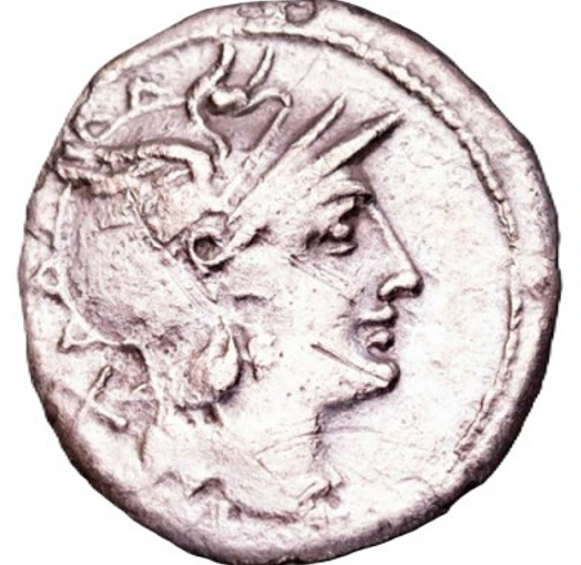 GENS PINARIA. Pinarius Natta. Denario. Ceca de Roma, 149 a.C. BC+. Pátina.
