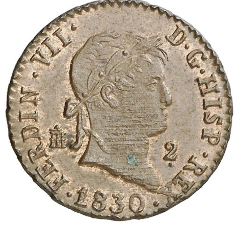 FERNANDO VII. 2 Maravedís. 1830. Segovia. Bella, brillo original. EBC+