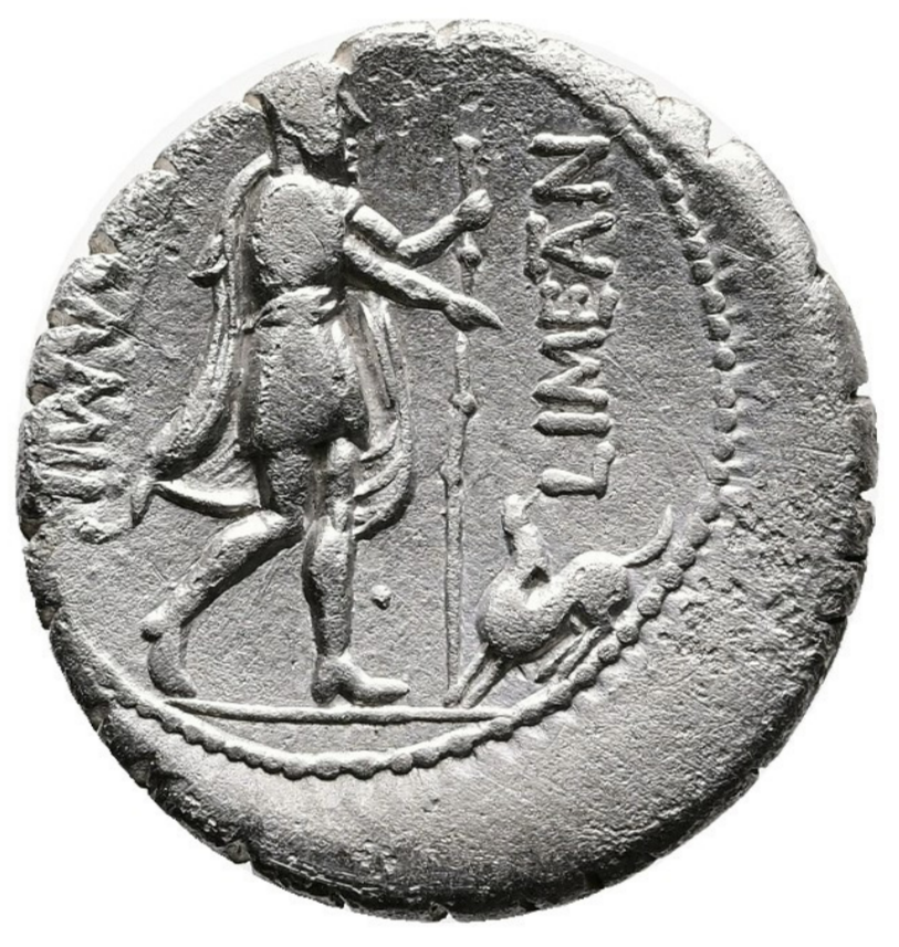 GENS MAMILIA. C. Mamilius Limetanus, 82 a.C. Denario de plata. Ulises y su perro Argos