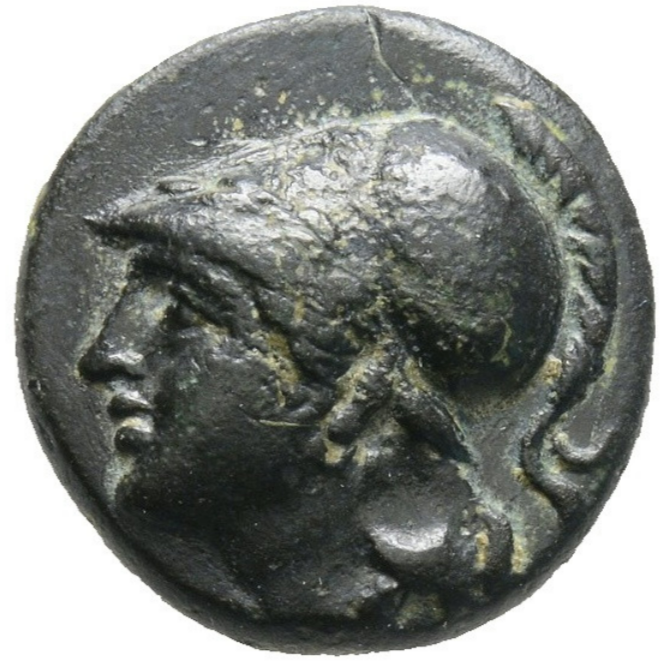 Cobre de Eolia. Elaia. Cerca del siglo IV a.C. Atenea y Guerrero a caballo