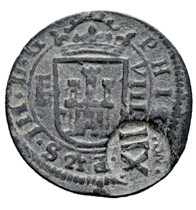 Felipe IV (1285-1314). 12 maravedís. 1642. Madrid. Resellada sobre 8 maravedís de Segovia 1618