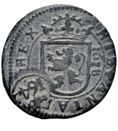 Felipe IV (1285-1314). 12 maravedís. 1642. Madrid. Resellada sobre 8 maravedís de Segovia 1618