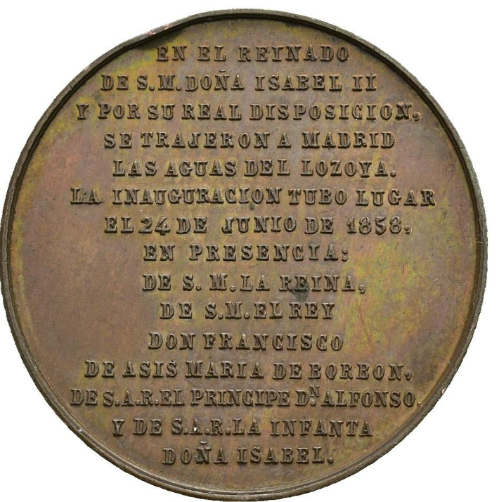 ISABEL II y D. Francisco de Asis. Medalla. 1858. Inauguración de la traída de aguas del Lozoya. Escasa