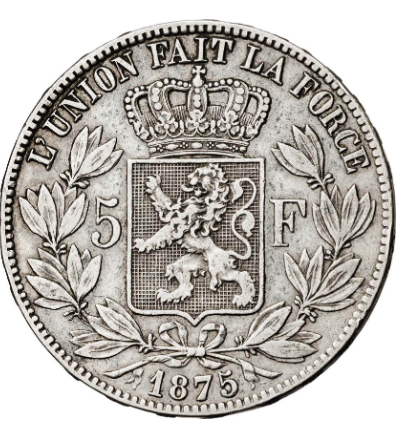 Bélgica. 1875. Leopoldo II. 5 francos. Plata. MBC