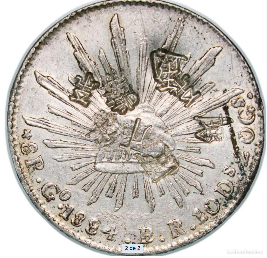 México: 8 Reales de plata de 1884. Ceca de Guanajuato. Resellada.