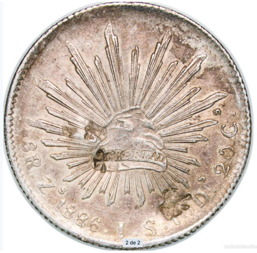 México: 8 Reales de plata de 1886. Ceca de Zacatecas. Resellada.
