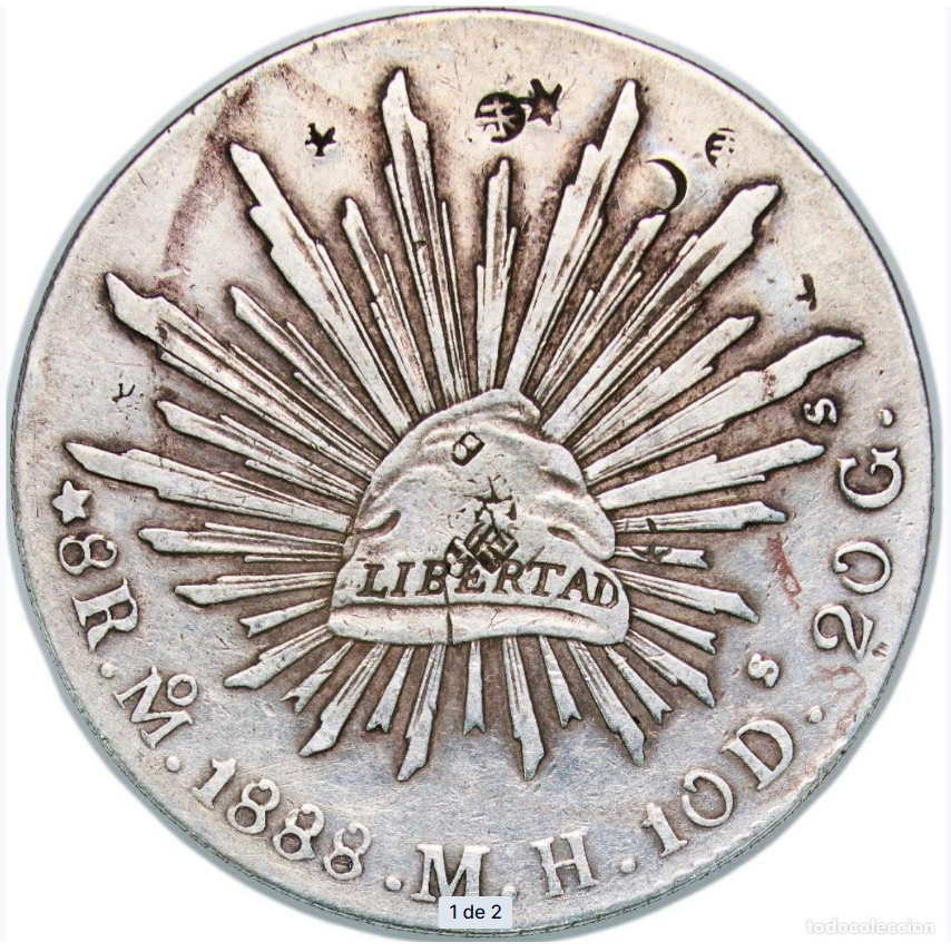 México: 8 Reales de plata de 1888. Ceca de México City. Resello.