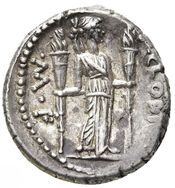 GENS CLAUDIA P. CLODIUS M.F. TURRINUS. Denario (42 a.C.). Roma.