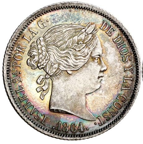 Isabel II. Excelentes 4 reales. Madrid. 1864. Preciosa pátina. Ex-colección Fleming. EBC/EBC+