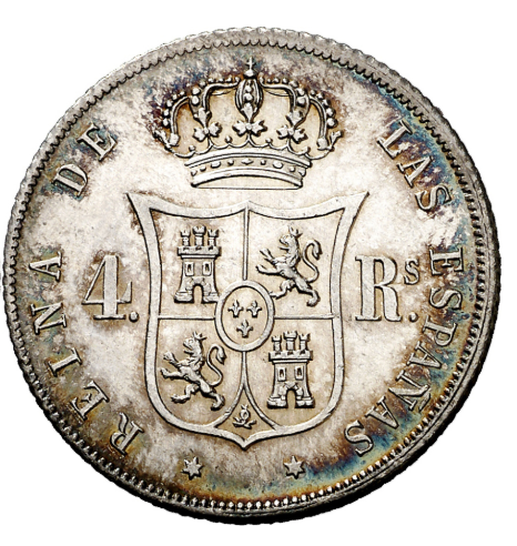 Isabel II. Excelentes 4 reales. Madrid. 1864. Preciosa pátina. Ex-colección Fleming. EBC/EBC+