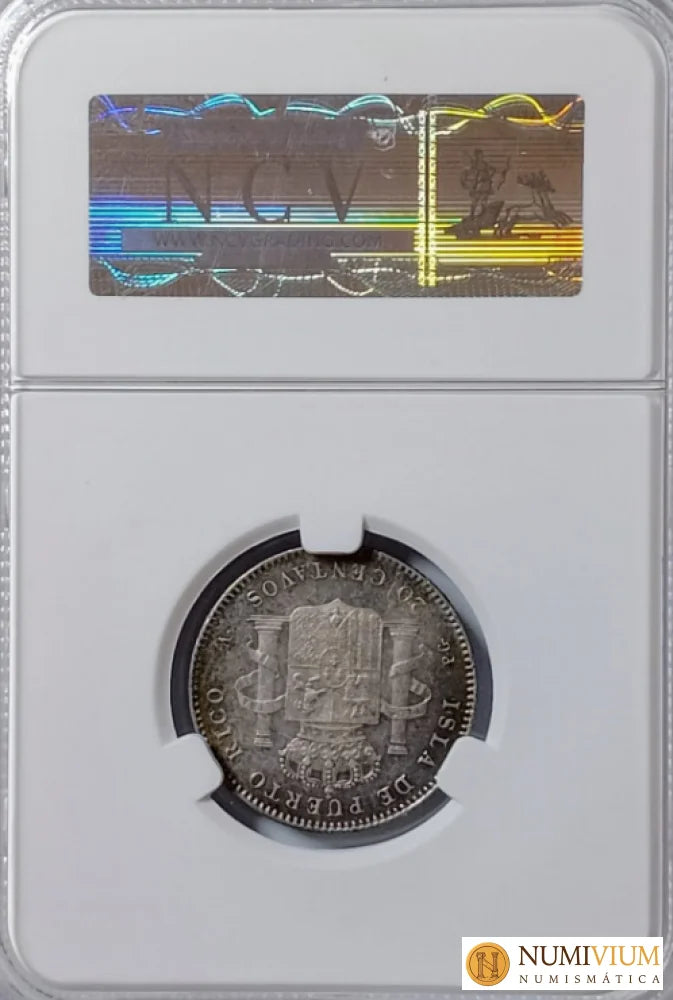 Alfonso XIII (1886-1931). Puerto Rico. 20 centavos. 1895. Escasa así. Encapsulada AU58 (EBC+) Moneda histórica