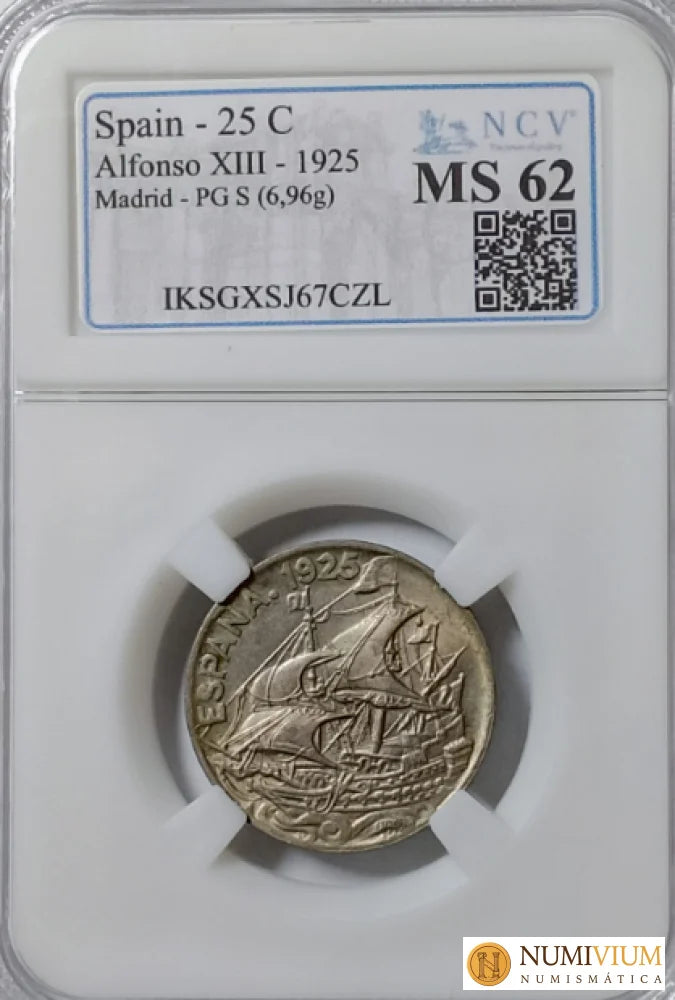 Alfonso XIII. 1925. 25 Céntimos. Sin Circular. Brillo original. Escasa así. MS-62 Moneda histórica