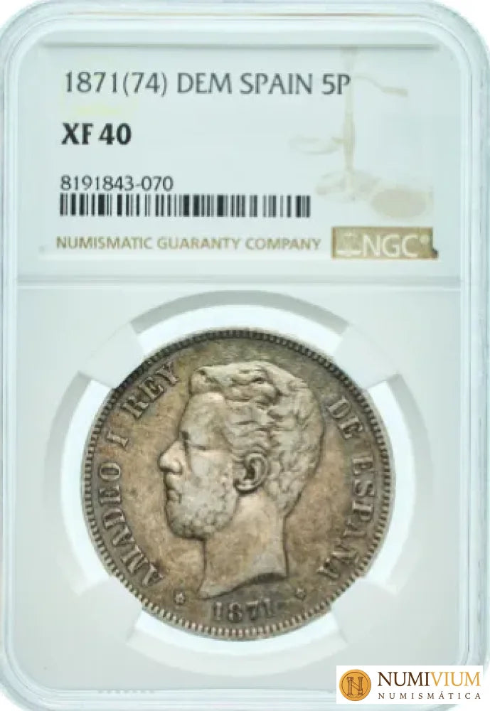 AMADEO DE SABOYA. 5 Pesetas 1874 DEM. VF40 5 Pesetas