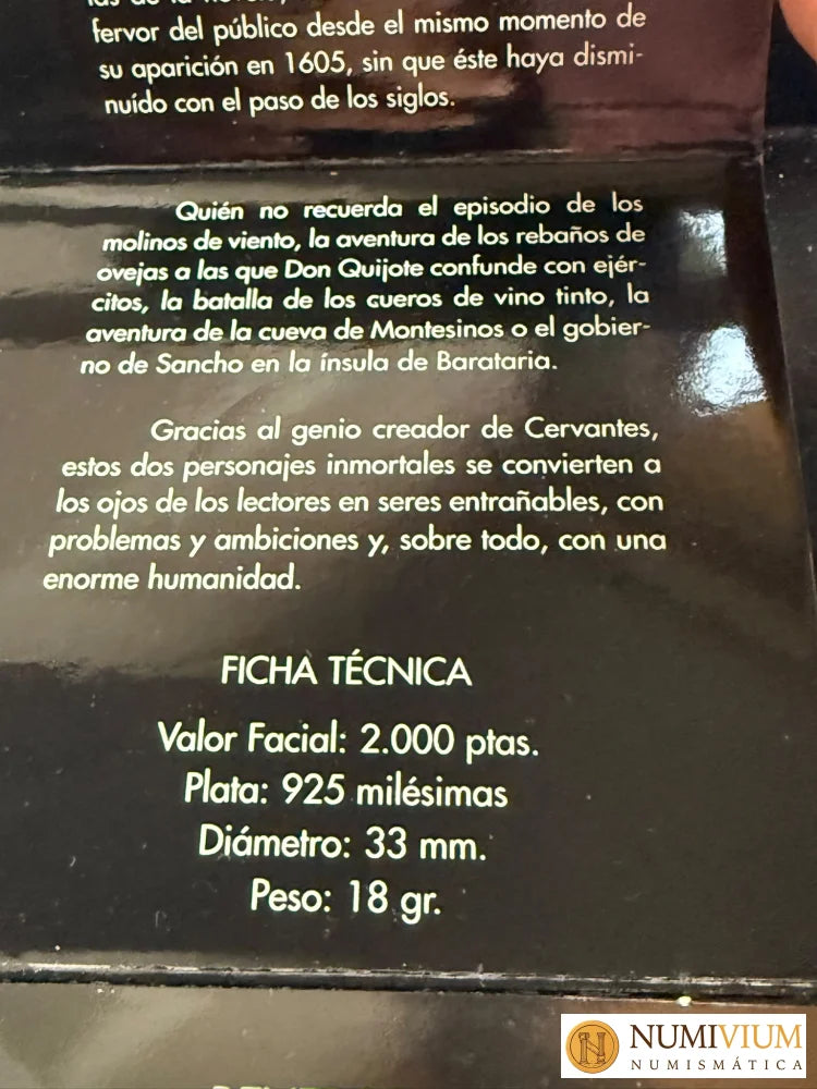 FNMT 1997. Carterita 450 aniversario nacimiento Miguel de Cervantes. 2000 pesetas plata proof