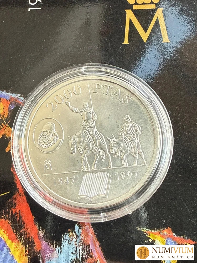 FNMT 1997. Carterita 450 aniversario nacimiento Miguel de Cervantes. 2000 pesetas plata proof