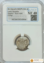 GENS HOSTILIA. Denario. Aprox. 48 a.C. Encapsulada como XF 40. MBC+ Denario república