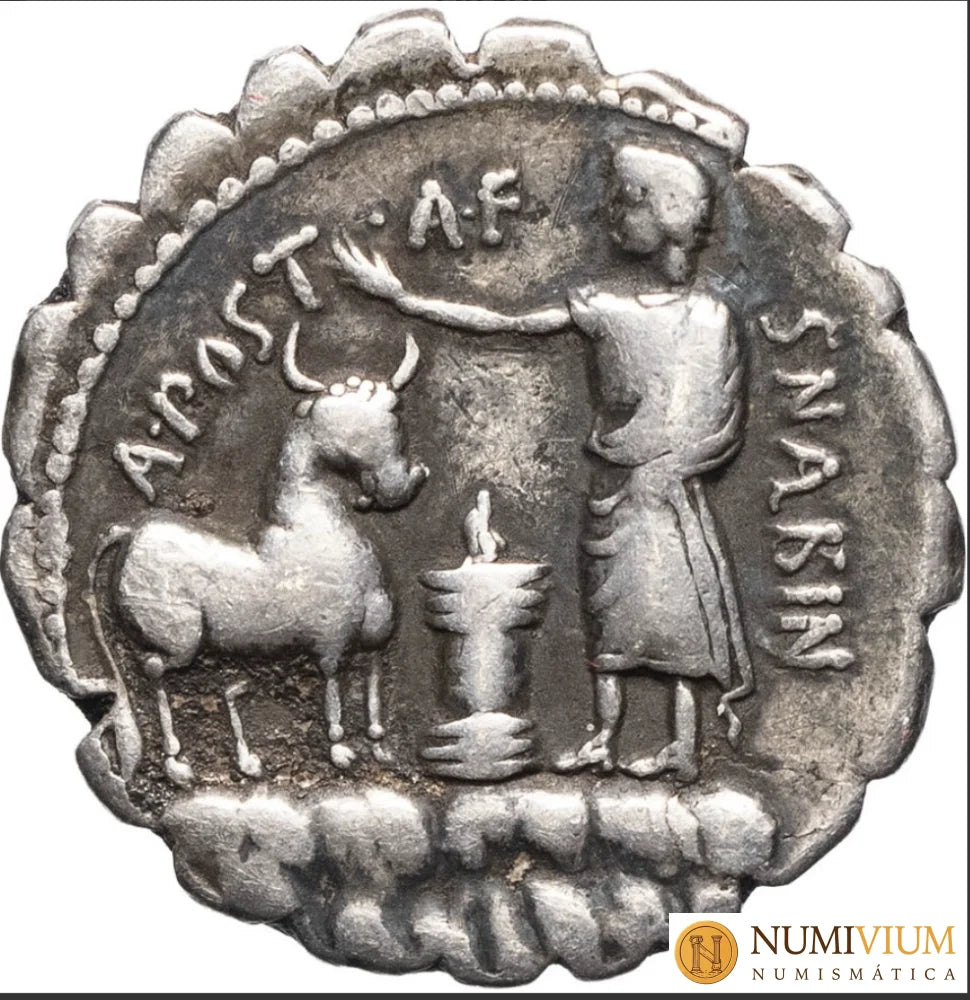 GENS POSTUMIA. A. Postumius Albinus · Denario serrado · 81 a.C. - Denario república