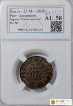 GOBIERNO PROVISIONAL. Segovia. 25 milésimas de escudo. 1868. Excelente. Escasa Gobierno Provisional
