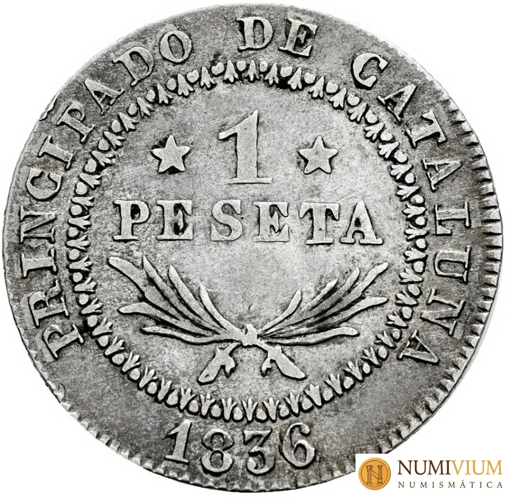 Isabel II (1833-1868). 1 peseta. 1836. Barcelona. PS. Escasa MBC+ Peseta