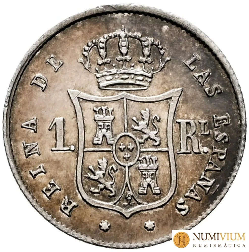 Isabel II (1833-1868). 1 real. Sobrefecha 1855/4. Sevilla. Tono y restos de brillo original. EBC-EBC