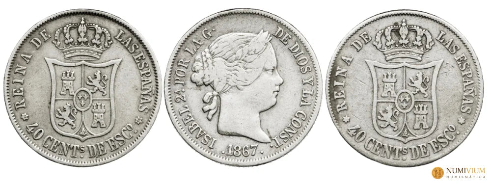 ISABEL II. 40 cts de Escudo. 1866-1867 y 1867. Madrid Lote de 3 monedas. BC+/MBC-