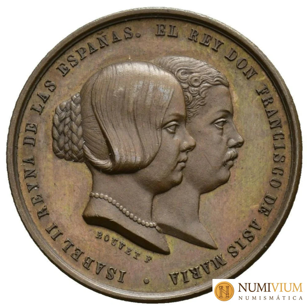 ISABEL II y D. Francisco de Asis. Medalla. 1858. Inauguración de la traída de aguas del Lozoya. Escasa