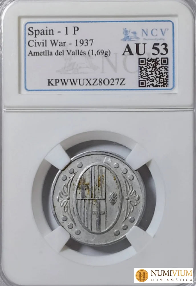 L’Ametlla del Vallés (Barcelona). 1 Peseta. Escasa. Encapsulada. AU-53. Emisiones Locales