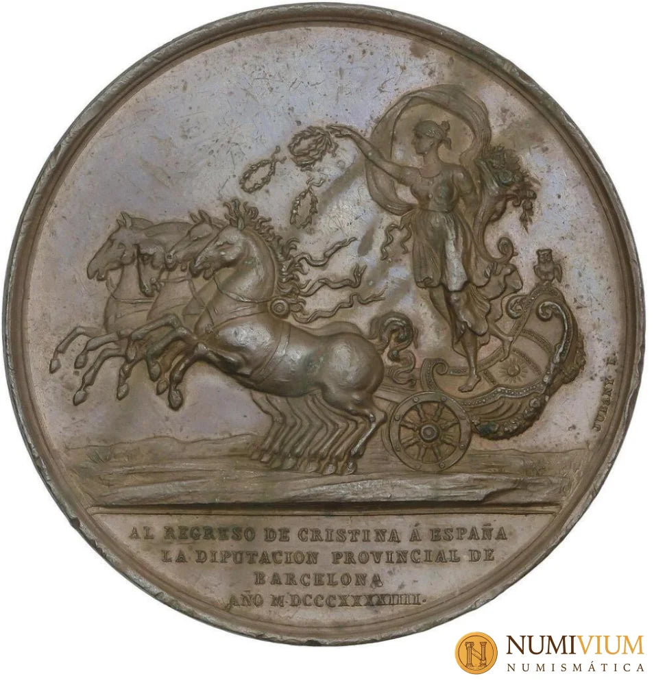 Medalla Regreso Mª Cristina de Borbón. 1844. Barcelona. EBC. 52 mm. Muy escasa.